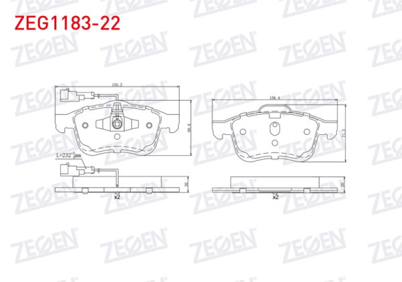 #UZ00496 - ZEGEN ZEG1183-22 | Fren Balata &Ouml;n &Ccedil;ift Fişli Fiat Doblo (152,263) 1.6