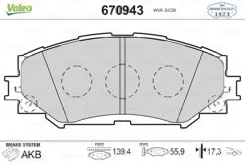#UZ00344 - VALEO 670943 | Fren Balata &Ouml;n Toyota Auris E15 06-12, Auris E18 12-18